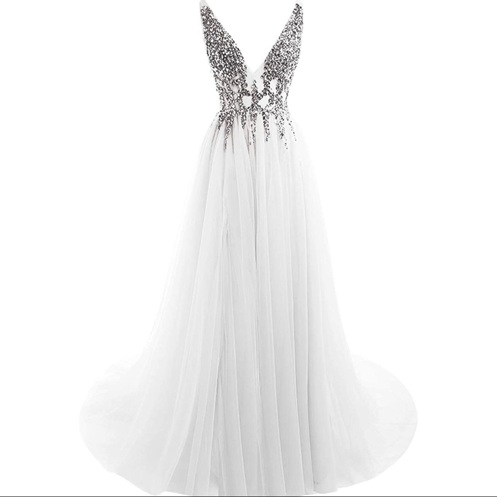 Sexy Deep V Neck Sequins Beads Tulle and Lace High Split Long Evening Dress